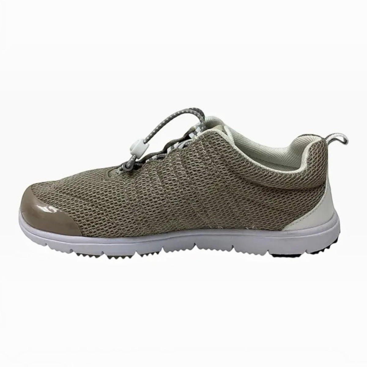 The Shoe Shop Propet Travel Walker shoe in taupe mesh with bungee toggle closure and white cushioned sole.