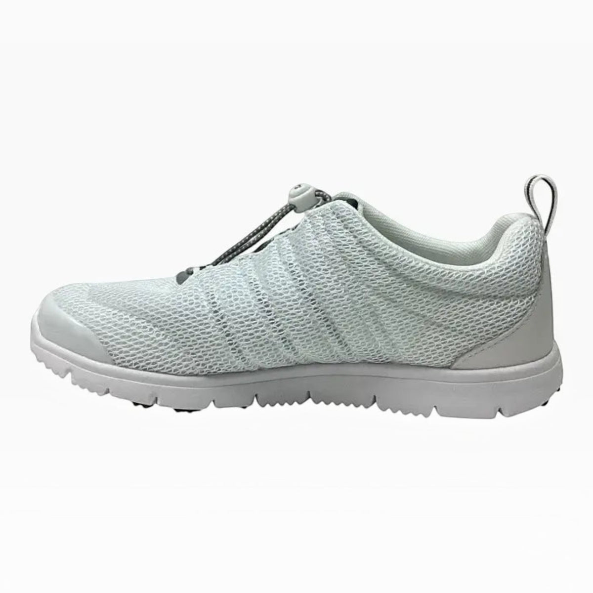 The Shoe Shop Propet Travel Walker white breathable mesh walking shoe with bungee toggle closure and rubber outsole.