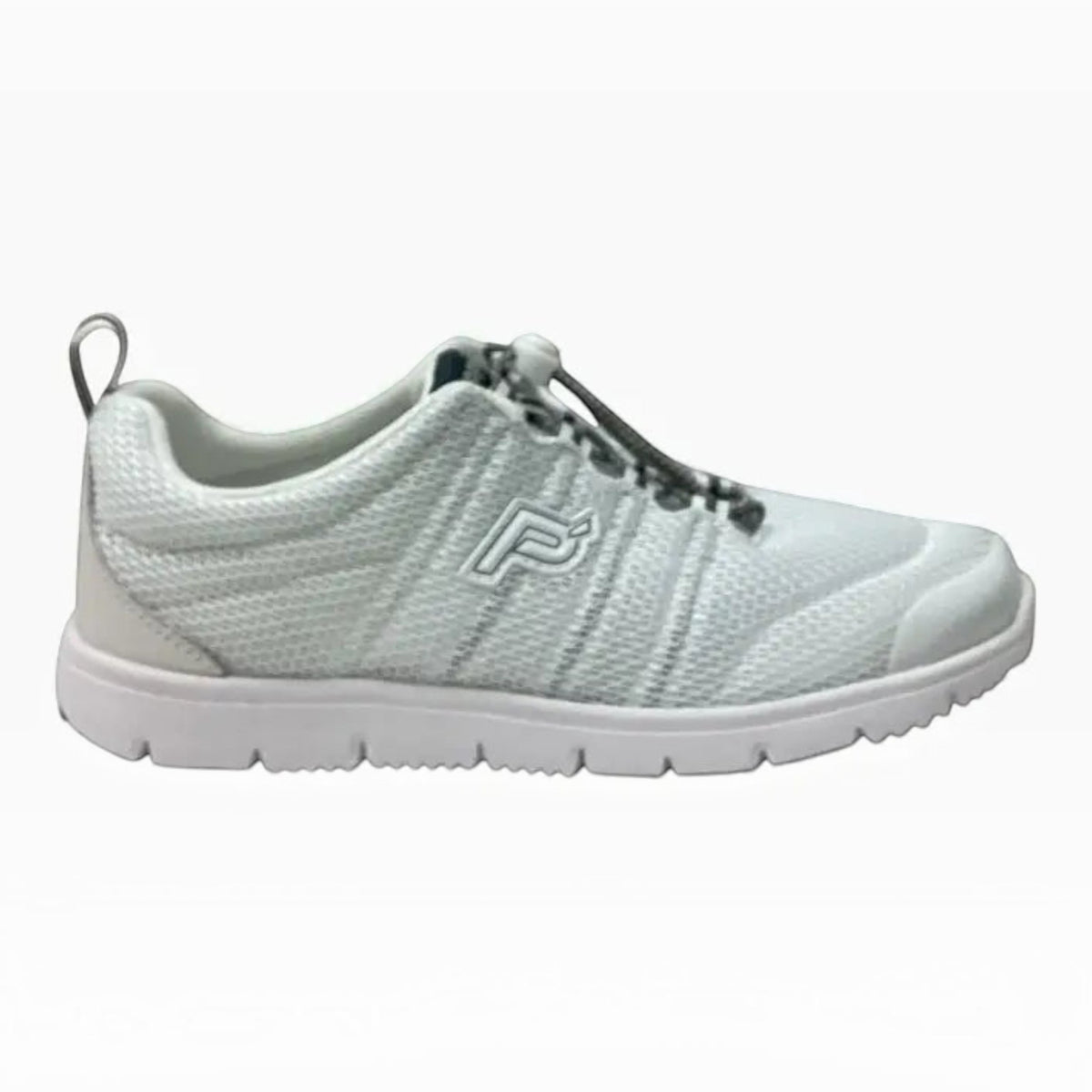 The Shoe Shop Propet Travel Walker white breathable mesh walking shoe with bungee toggle closure and rubber sole.