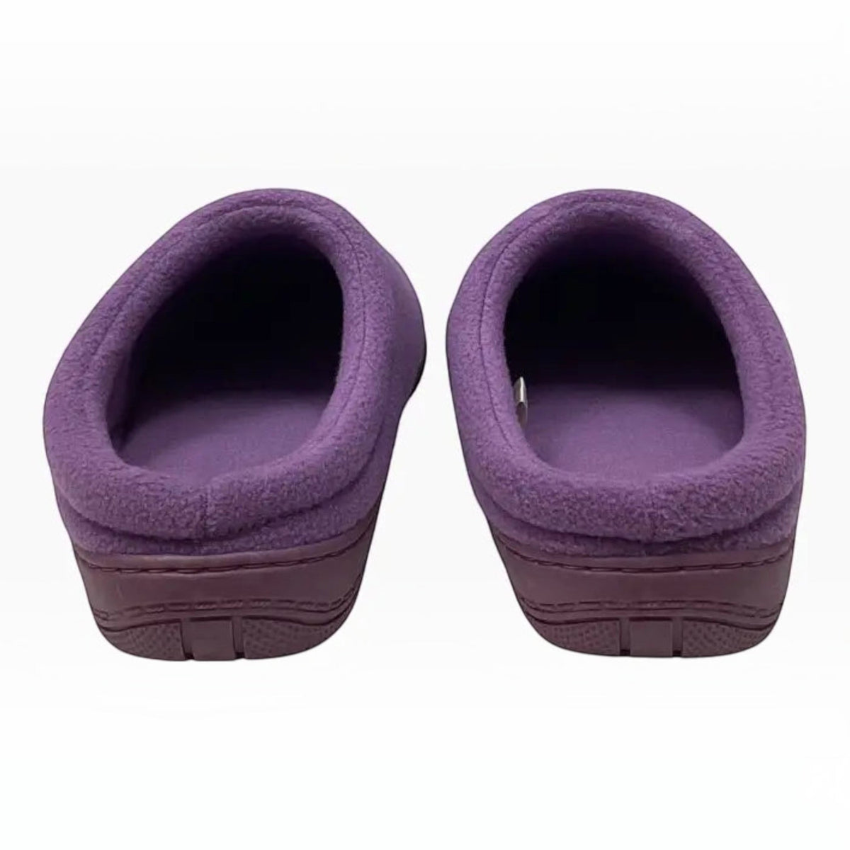 The Shoe Shop Suzie purple polar fleece clog slippers with a cushioned insole for home comfort.