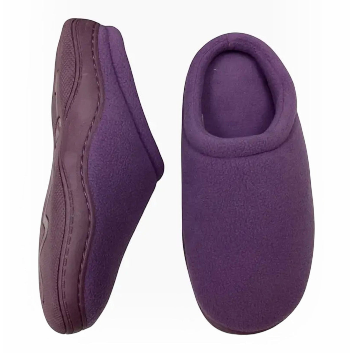 The Shoe Shop Suzie clog slippers in purple polar fleece with a cushioned insole and easy slip-on design.