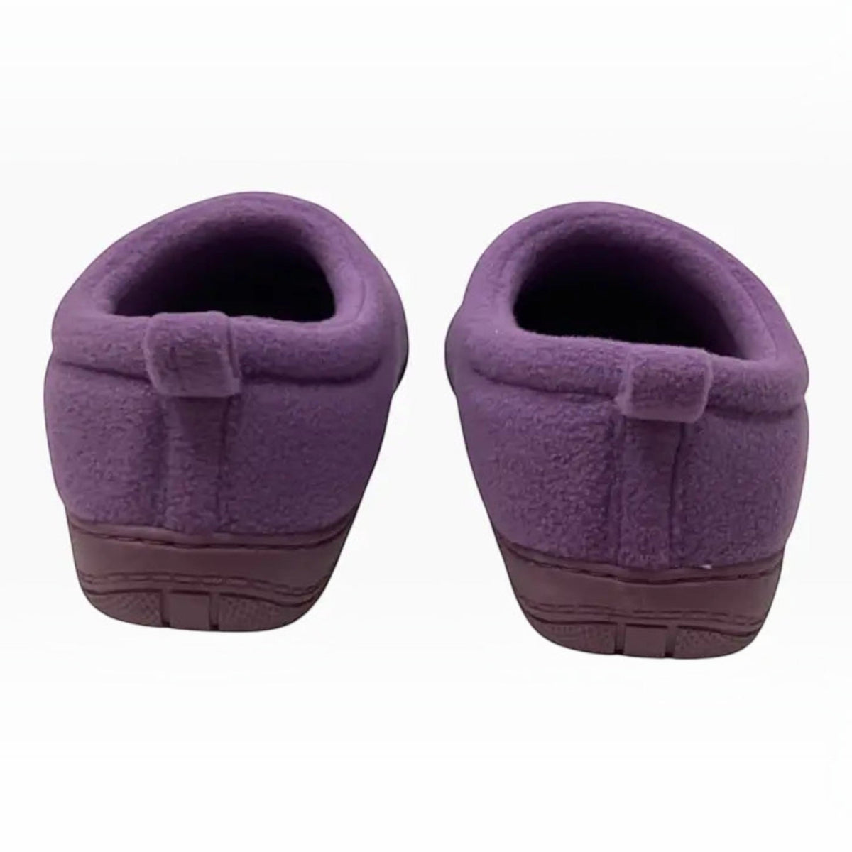 The Shoe Shop Suzie Slipper in purple polar fleece with a slip-on design and cushioned sole, back view.
