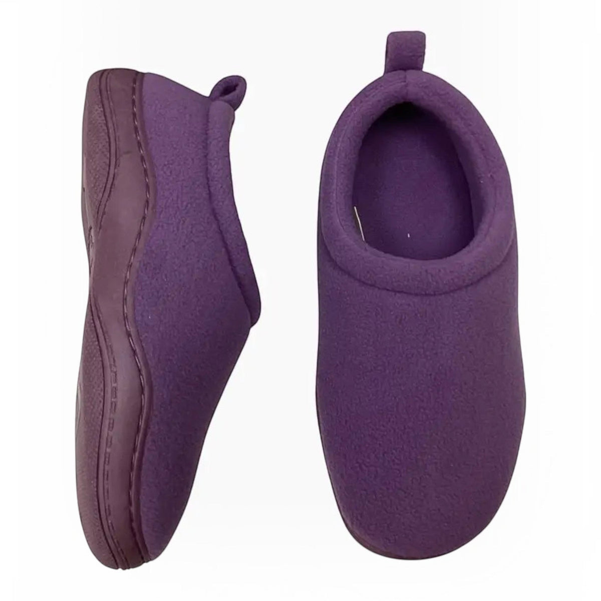 The Shoe Shop Suzie purple polar fleece slip-on slippers with cushioned insoles for cosy home comfort.