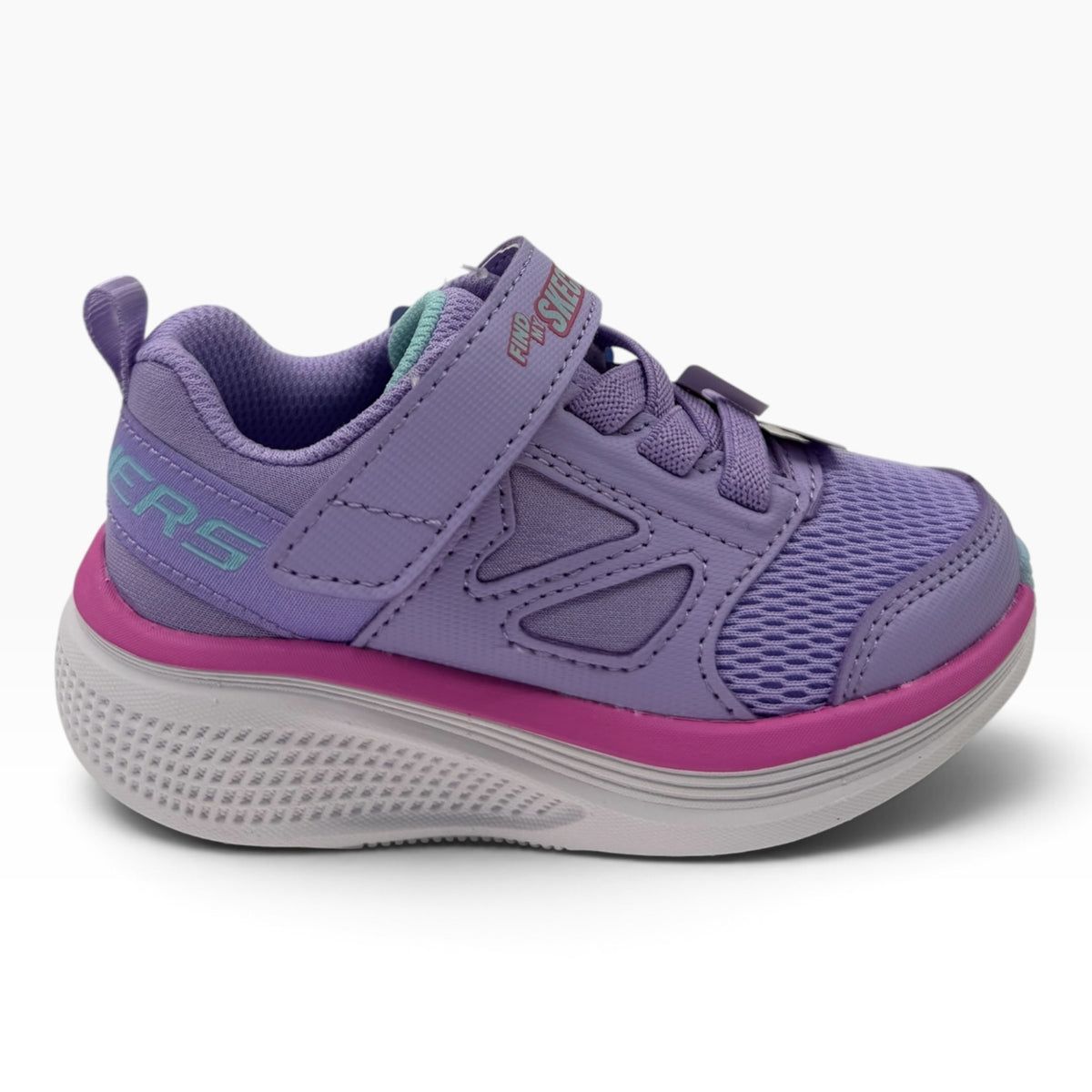 The Shoe Shop Skechers kids purple mesh sneaker with adjustable strap, stretch laces, and thick white cushioned sole.