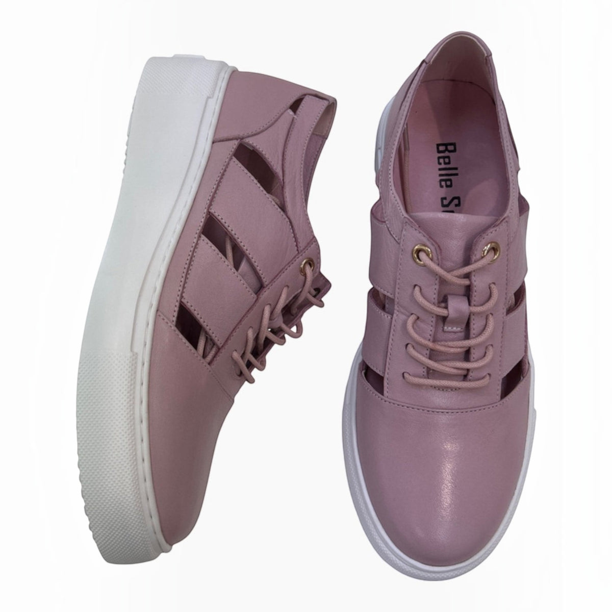 The Shoe Shop Rabid mauve pink lace-up sneakers with platform soles and stylish cut-out side detailing.