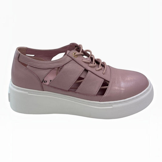 The Shoe Shop Rabid sneaker in dusty pink leather with a white platform sole, lace-up closure, and cut-out details.