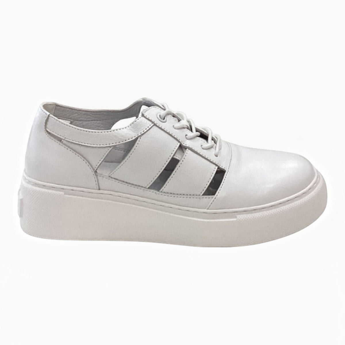 The Shoe Shop Rabid white lace-up sneaker with a platform sole and stylish cut-out side detailing.