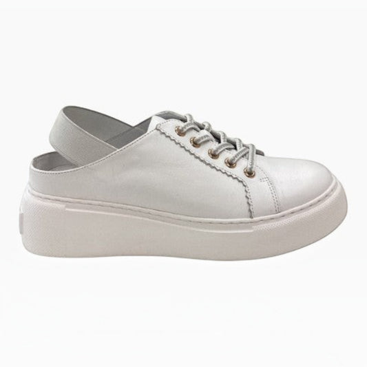 The Shoe Shop Racon white leather slingback sneaker with a thick platform sole and metallic lace eyelets