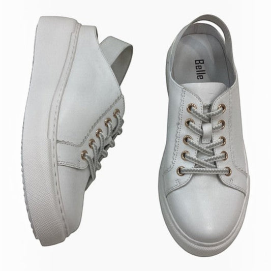 The Shoe Shop Belle Scarpe Racon white leather platform slingback sneakers with metallic eyelet detailing.