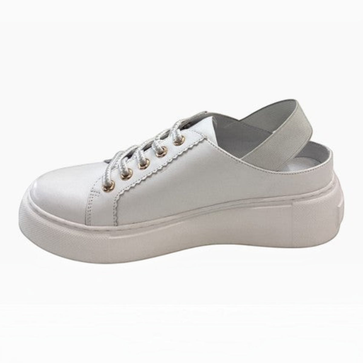 The Shoe Shop Racon white leather slingback sneaker with a thick platform sole and lace-up front