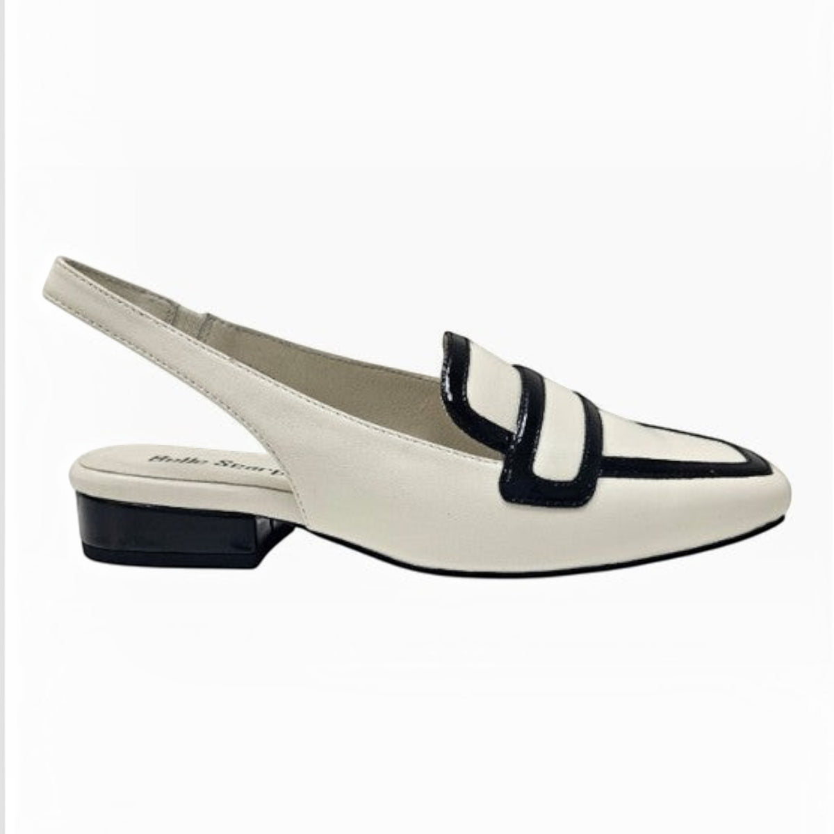 The Shoe Shop Ragus slingback loafers in bone and black leather with a low block heel and classic penny loafer detail.
