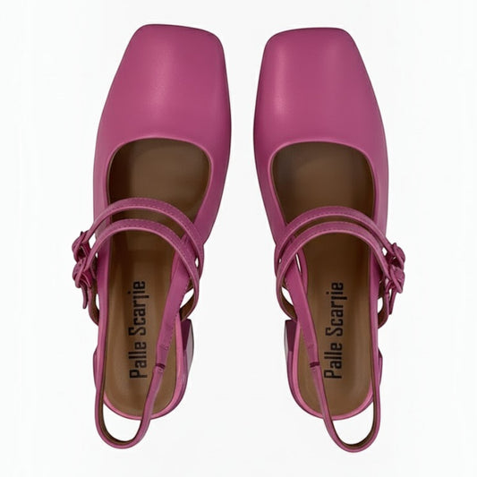 The Shoe Shop Ramiss pink leather slingback heels with double straps and a 6cm square patent heel, top view.