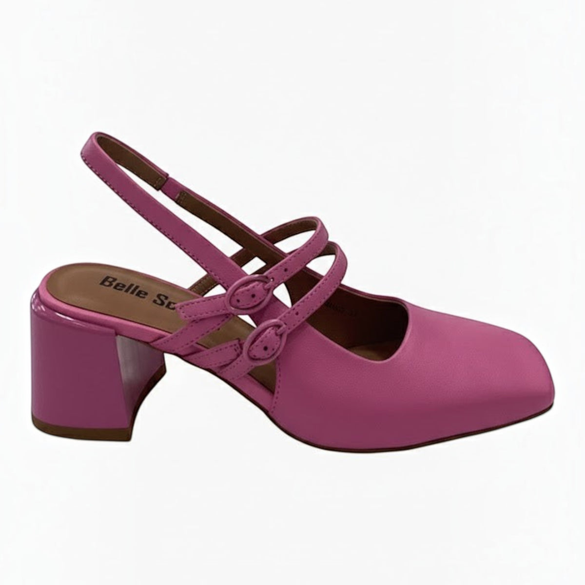 The Shoe Shop Ramiss pink leather slingback heels with double buckle straps and a 6cm square patent heel.