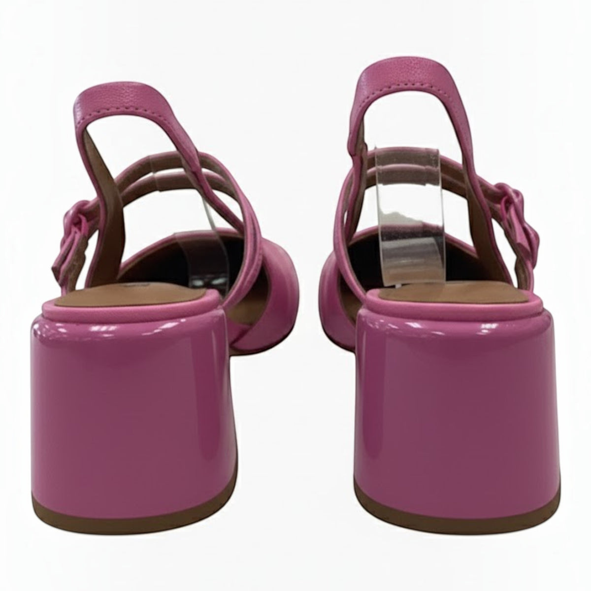 The Shoe Shop Ramiss pink leather slingback heels with a 6cm patent square block heel and double strap fastening.