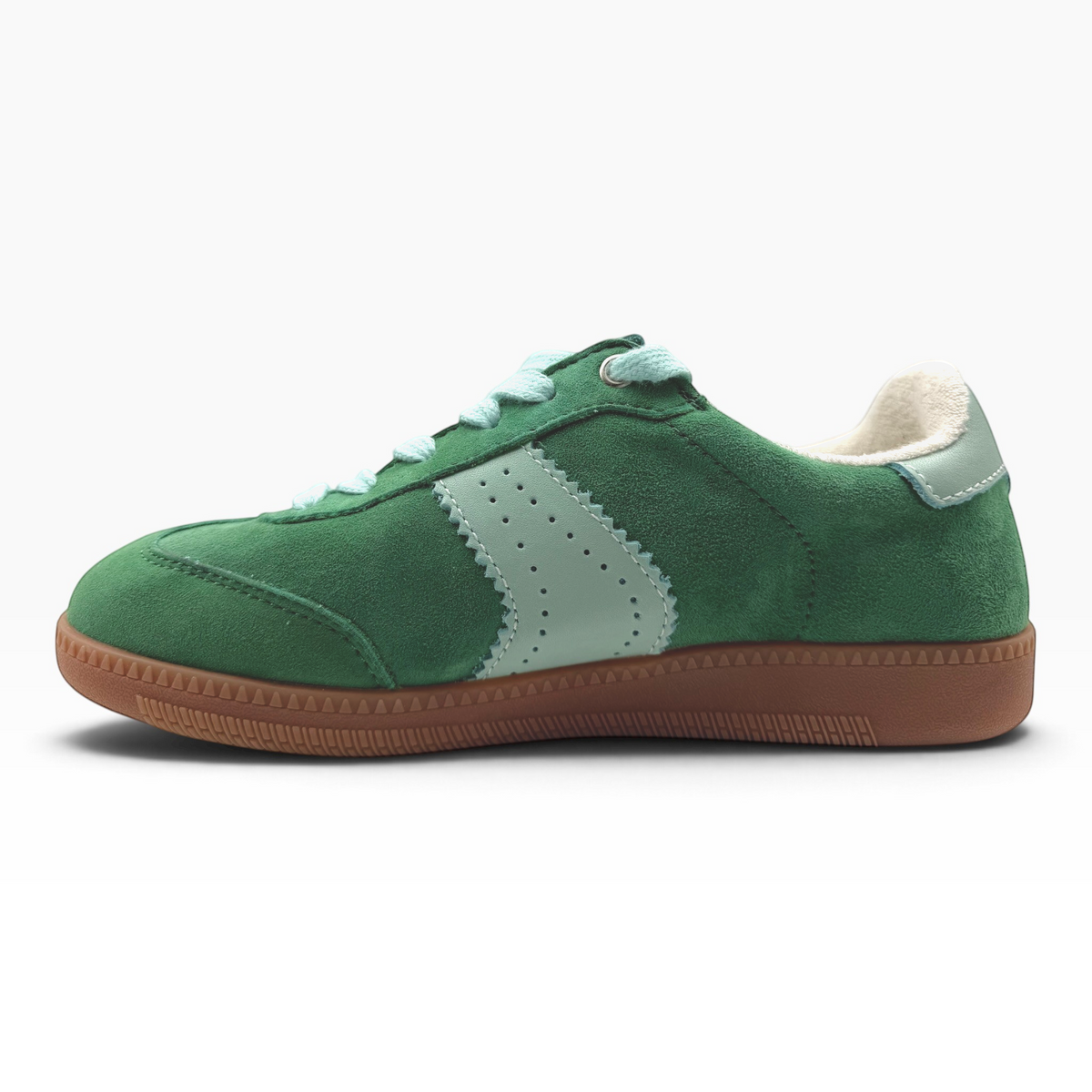 The Shoe Shop Ramona II green suede sneaker with light blue accents, lace-up fastening, and a brown rubber sole.