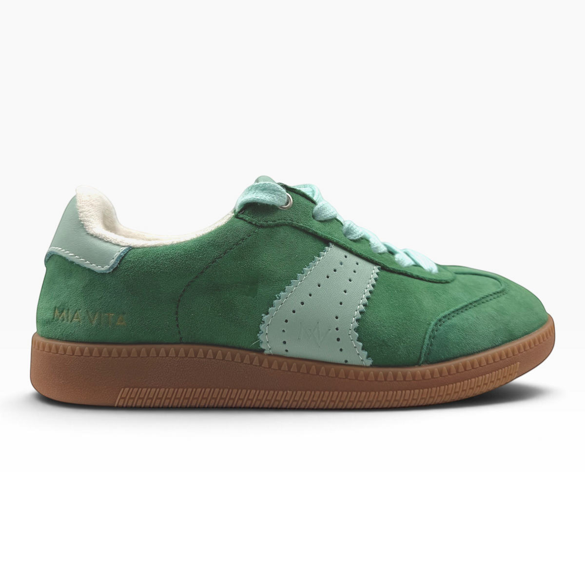 The Shoe Shop Ramona II green suede leather sneaker with light green paneling, lace-up front, and gum rubber sole.