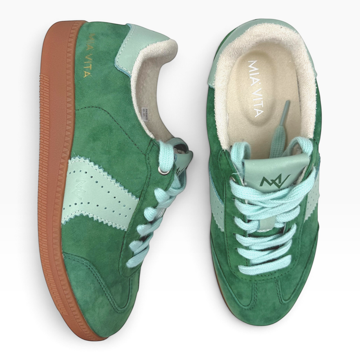 The Shoe Shop Ramona II green suede leather sneakers with mint accents, lace-up fastening, and gum rubber soles.