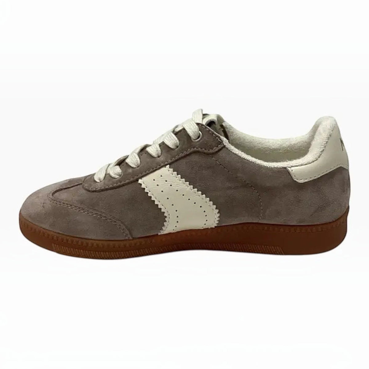 The Shoe Shop Ramona II grey suede sneaker with white leather accents, lace-up front, and a gum rubber outsole.