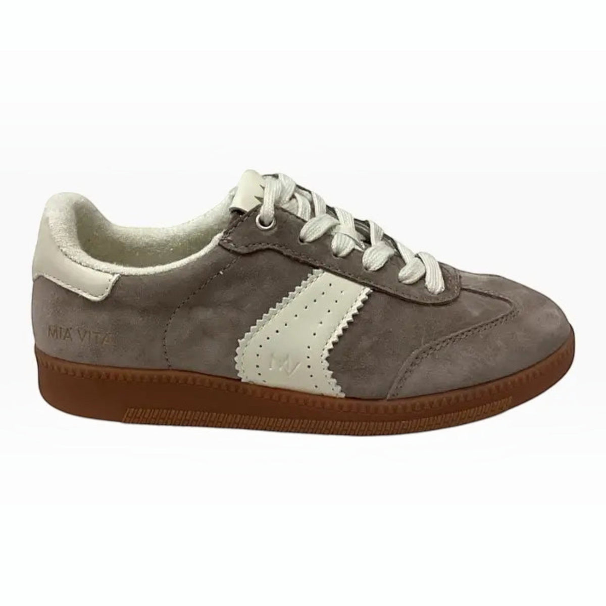 The Shoe Shop Ramona II grey suede sneaker with white leather accents, lace-up front, and a gum rubber sole.