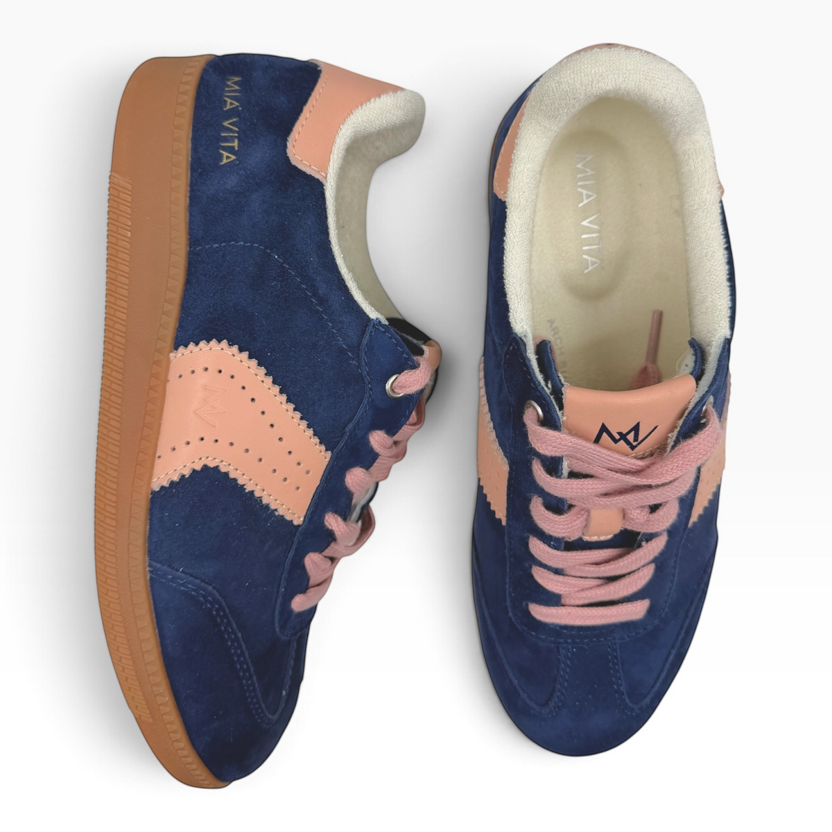 The Shoe Shop Ramona II leather sneakers in navy blue and soft pink with lace-up fastening and gum rubber soles.