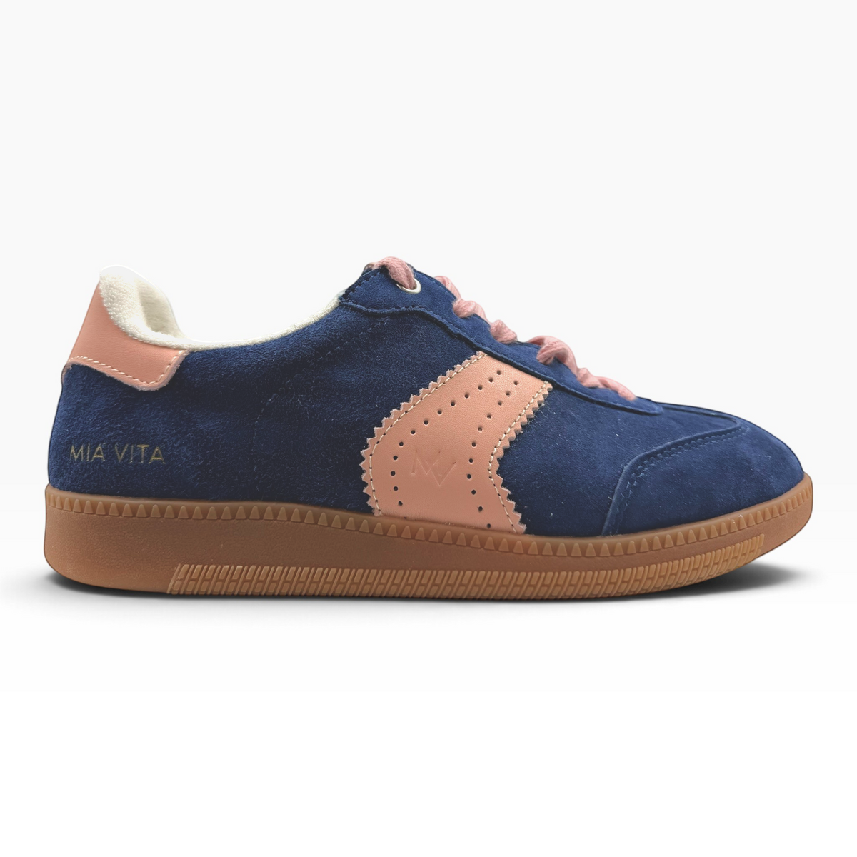The Shoe Shop Ramona II navy blue suede sneaker with pink leather accents, lace-up closure, and gum rubber sole.