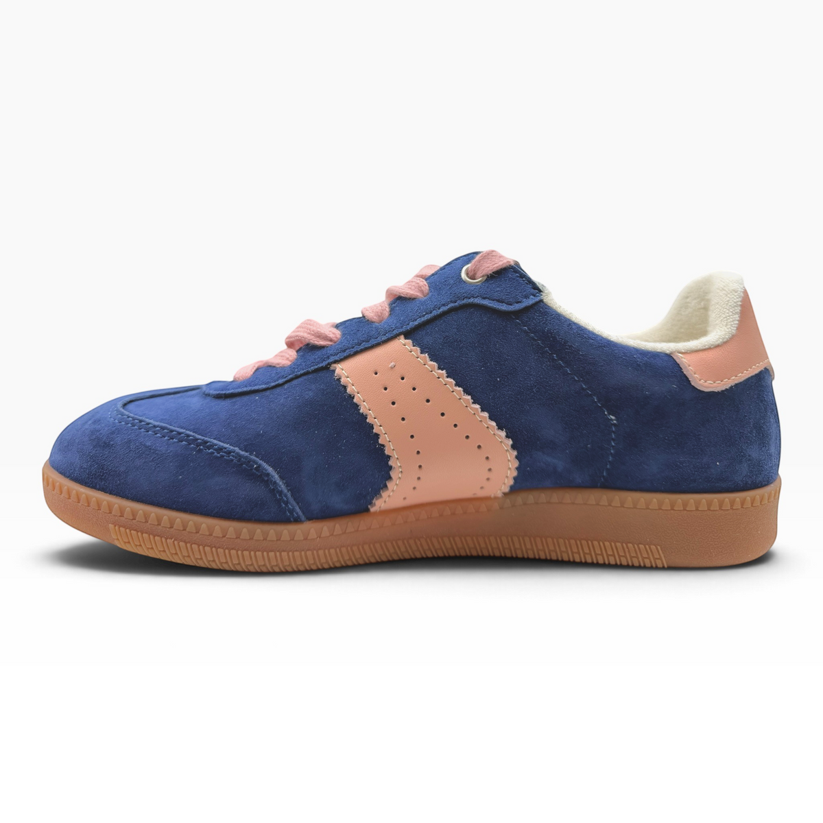 The Shoe Shop Ramona II navy blue suede sneaker with pink panel detailing, lace-up closure, and gum rubber sole.