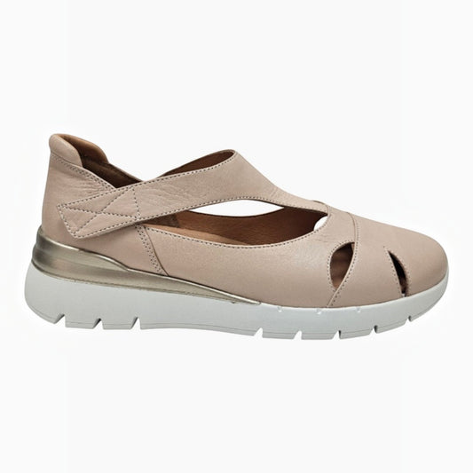 The Shoe Shop Ranzar beige leather comfort shoe with a velcro strap and cushioned white sole for daily wear.
