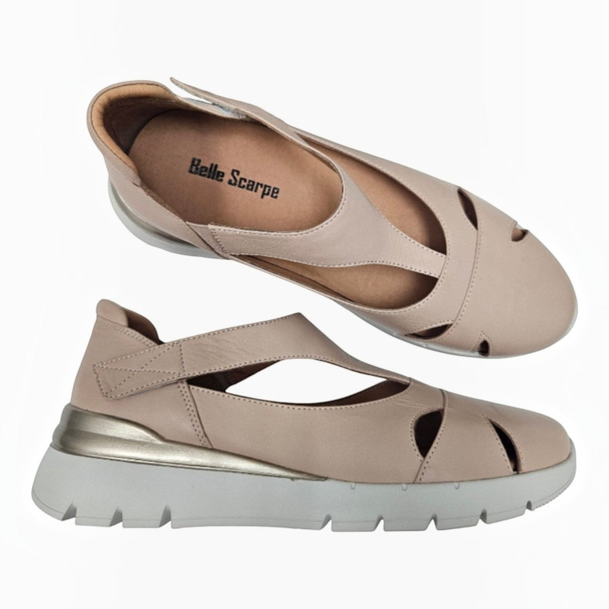 The Shoe Shop Ranzar beige leather comfort sandals with velcro strap and cushioned platform sole