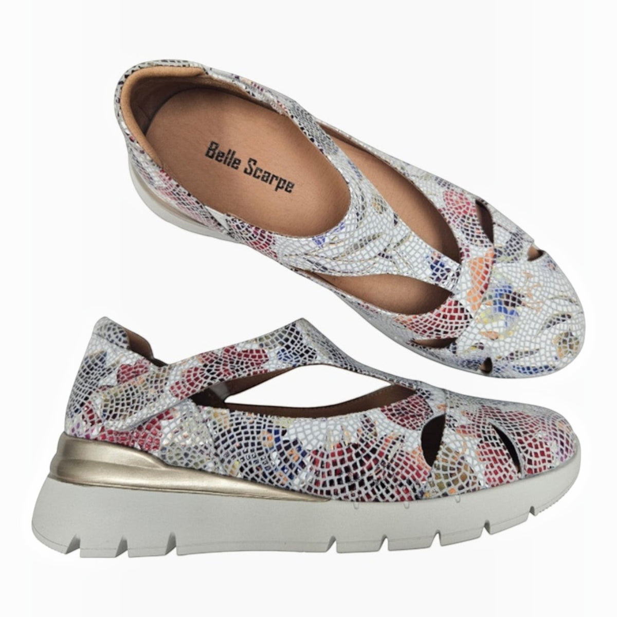 The Shoe Shop Ranzar lightweight comfort shoe with a multi-colored snakeskin pattern and convenient velcro strap.