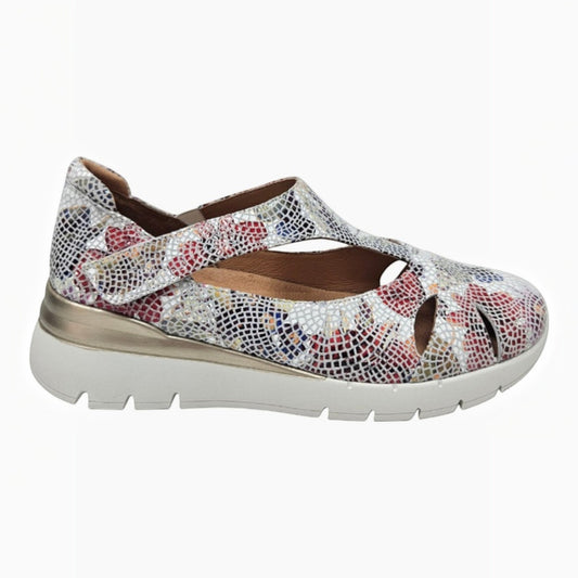 The Shoe Shop Ranzar lightweight shoe with a multi-coloured snakeskin pattern, velcro strap, and cushioned sole.
