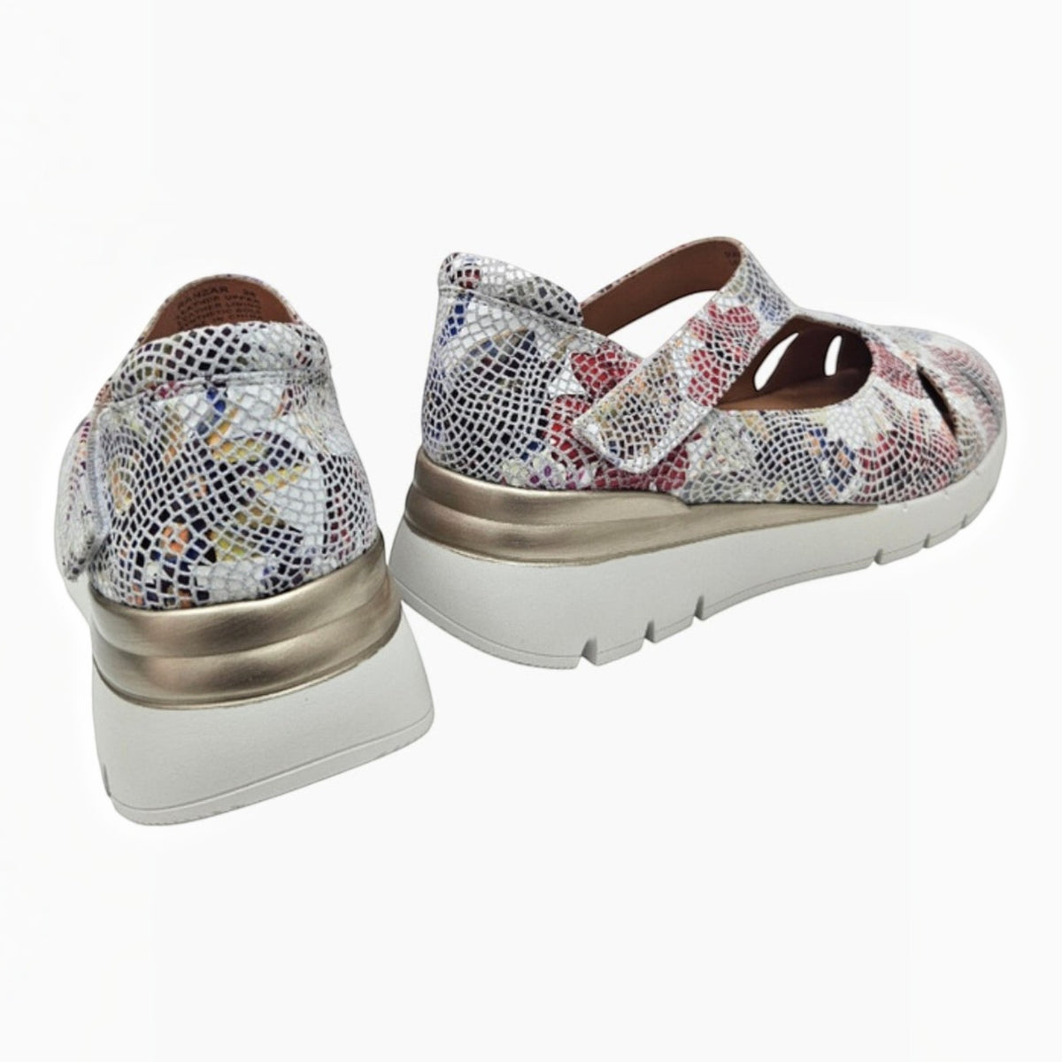 The Shoe Shop Ranzar women's shoes featuring a multi-colored snakeskin pattern, velcro strap, and gold cushioned sole.