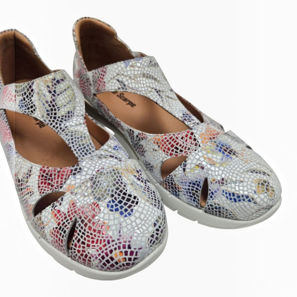The Shoe Shop Ranzar lightweight shoes featuring a white multi-coloured snakeskin pattern with a secure velcro strap.