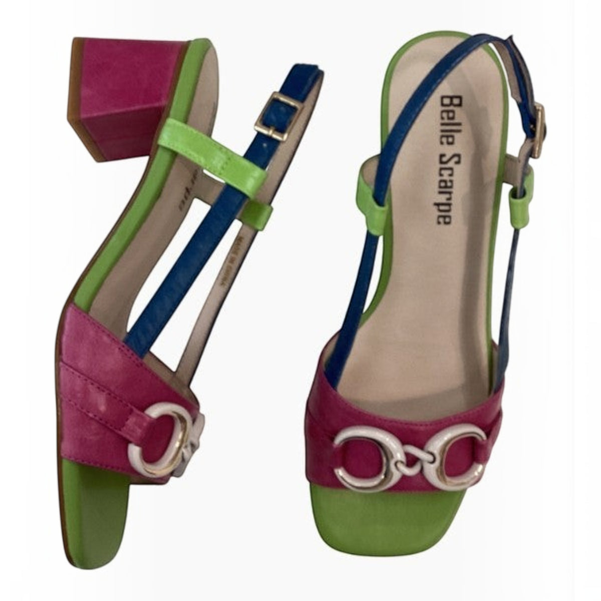 The Shoe Shop Raspy multi-coloured block heel sandals with pink, green, and blue straps and a decorative buckle.