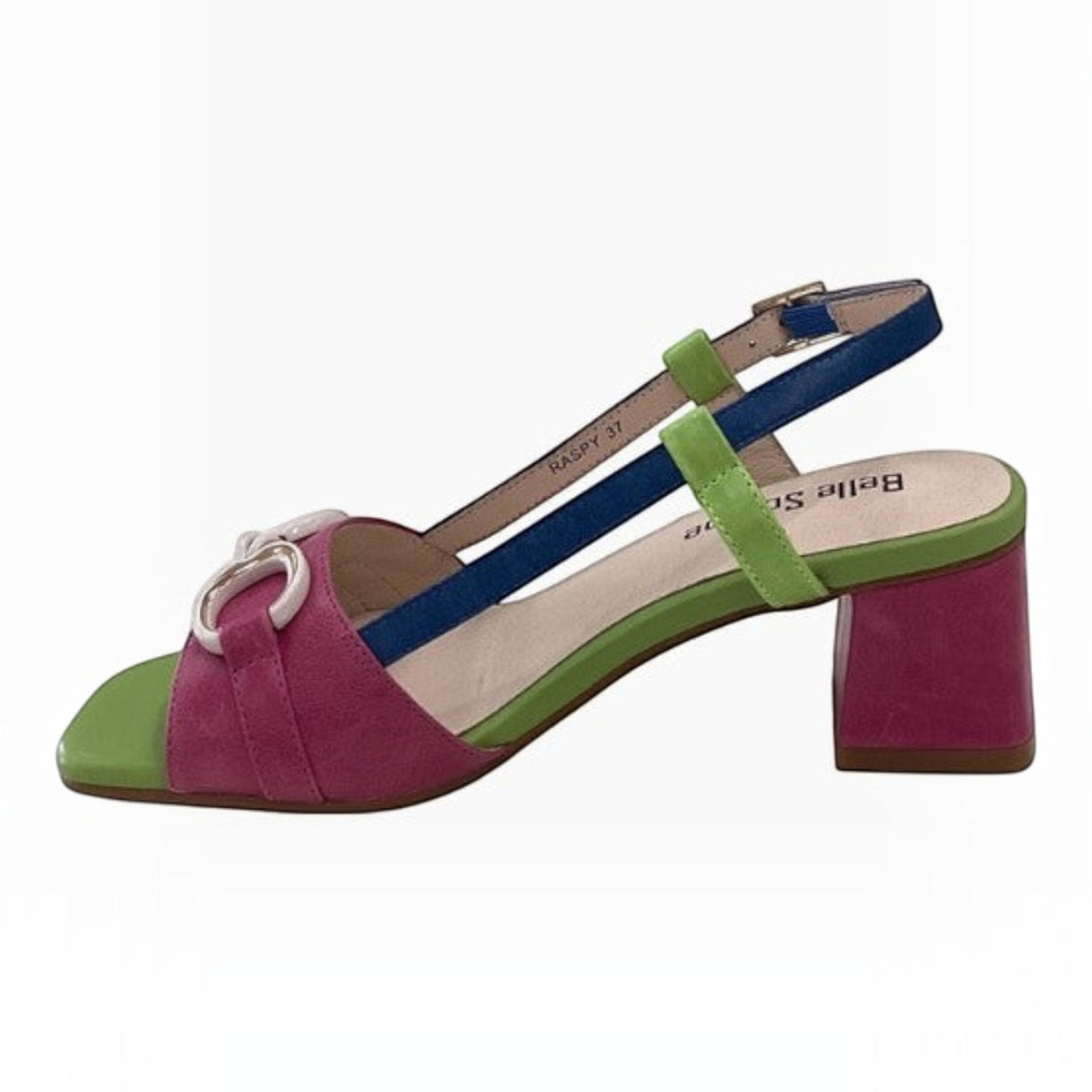 The Shoe Shop Raspy multi-coloured block heel sandal with pink, green, and blue suede straps and buckle closure.