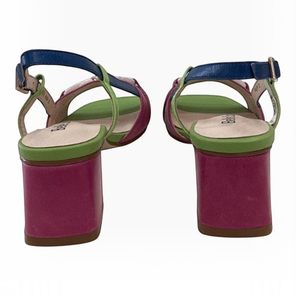 The Shoe Shop Raspy multi-coloured block heel sandals with pink, green, and blue leather straps and buckle closure