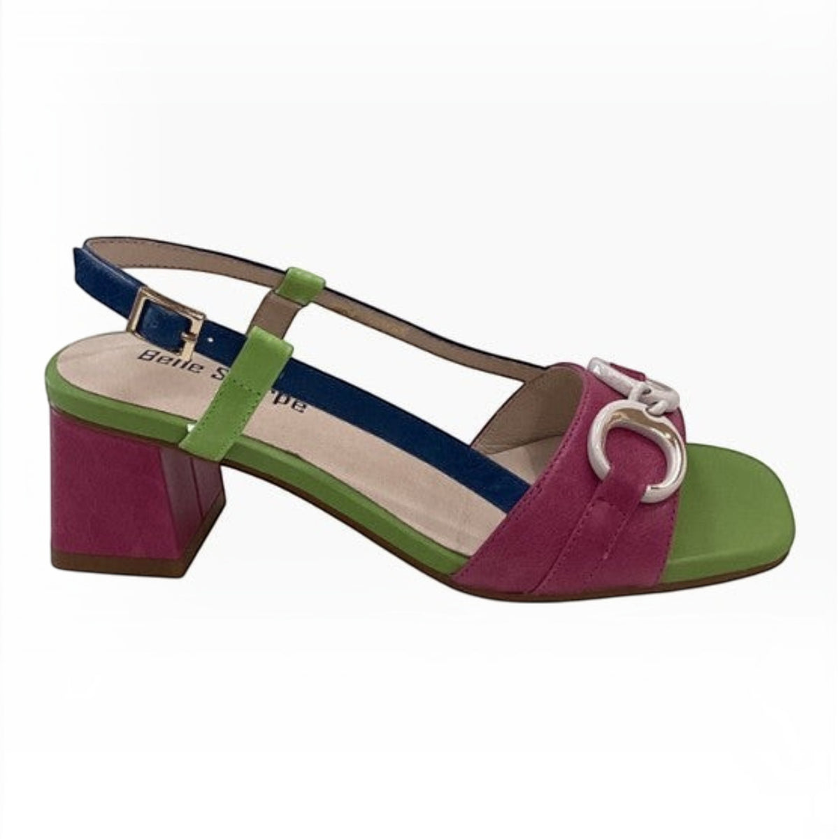The Shoe Shop Raspy multicoloured block heel sandals with pink, green, and blue suede straps and silver buckle detail.