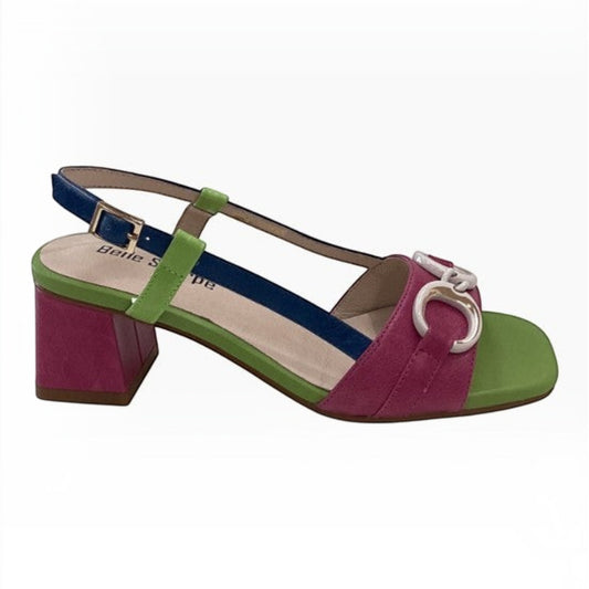 The Shoe Shop Raspy multicoloured block heel sandals with pink, green, and blue suede straps and silver buckle detail.
