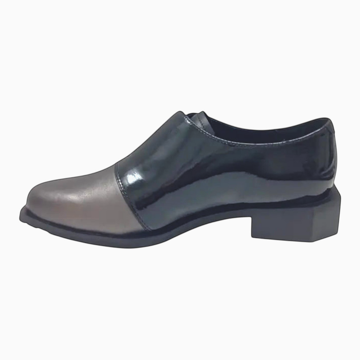 The Shoe Shop Raya flat shoe in pewter leather with a contrasting black elastic strap and low block heel