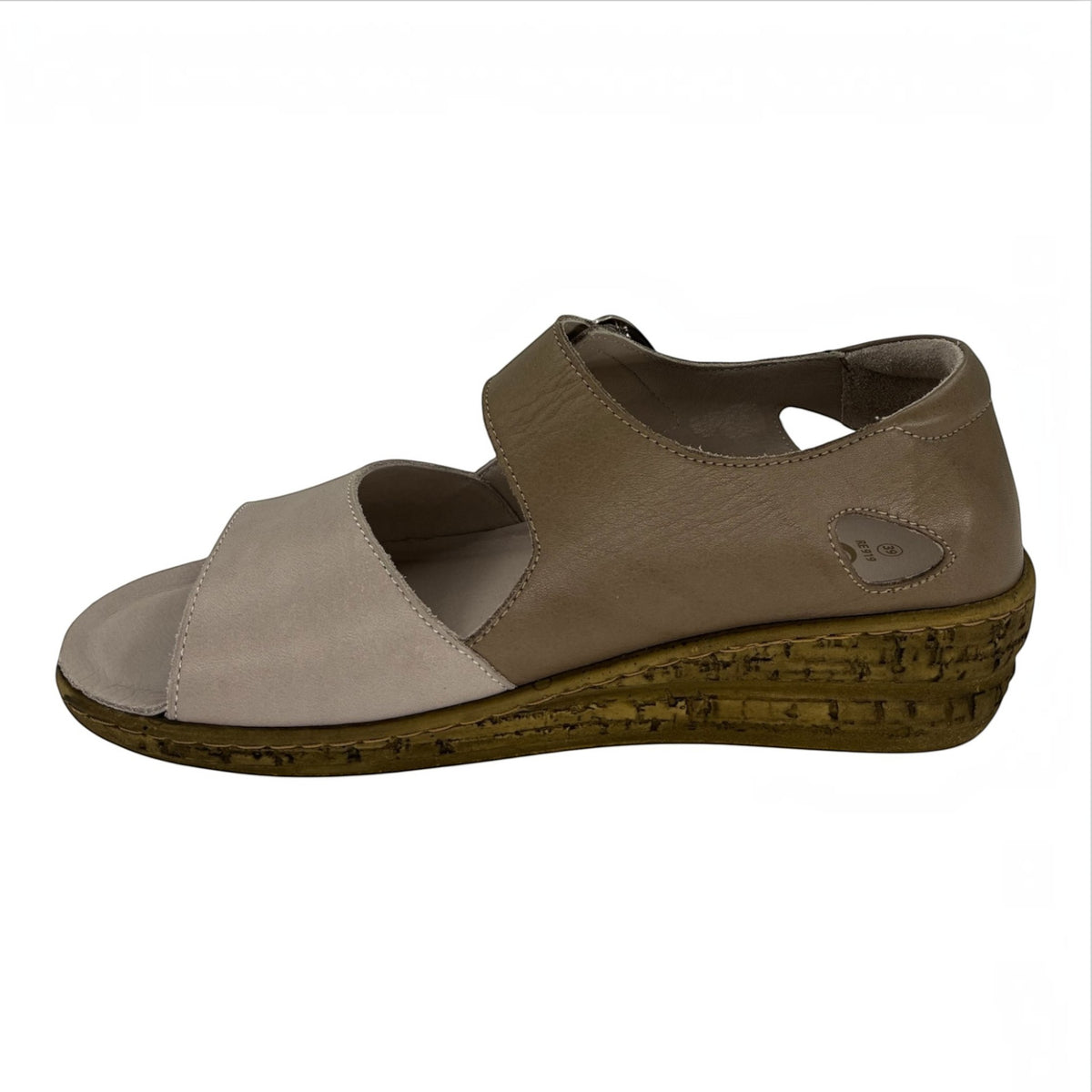 The Shoe Shop RE919 wedge sandal in two-tone beige leather with a peep-toe, cork-effect heel, and Velcro strap.