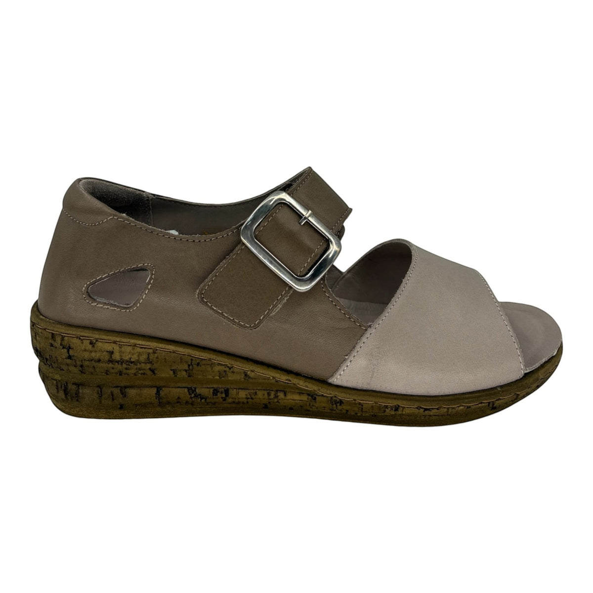 The Shoe Shop RE919 wedge sandal in taupe leather with a peep-toe, adjustable velcro strap, and cork-look wedge heel.