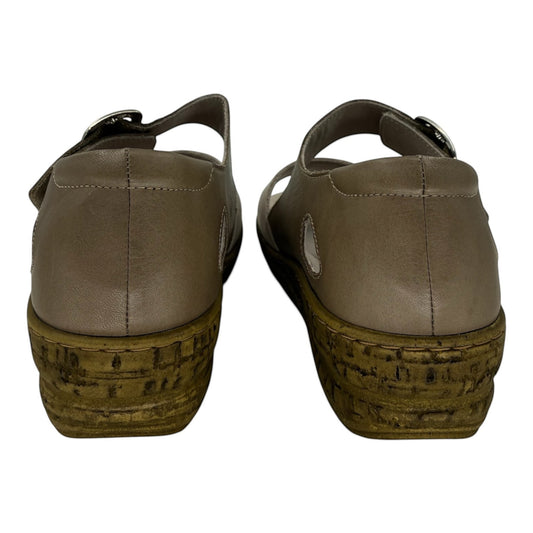 The Shoe Shop RE919 wedge sandals in taupe leather with a closed heel and textured cork-look wedge sole
