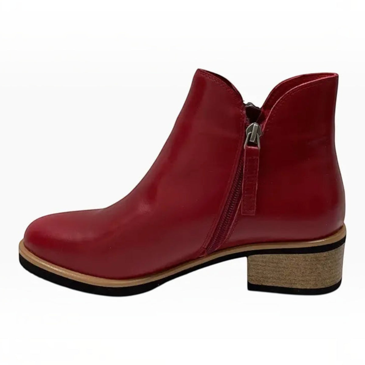 The Shoe Shop Bresley Dolomite red leather ankle boot with twin side zips and a low block heel
