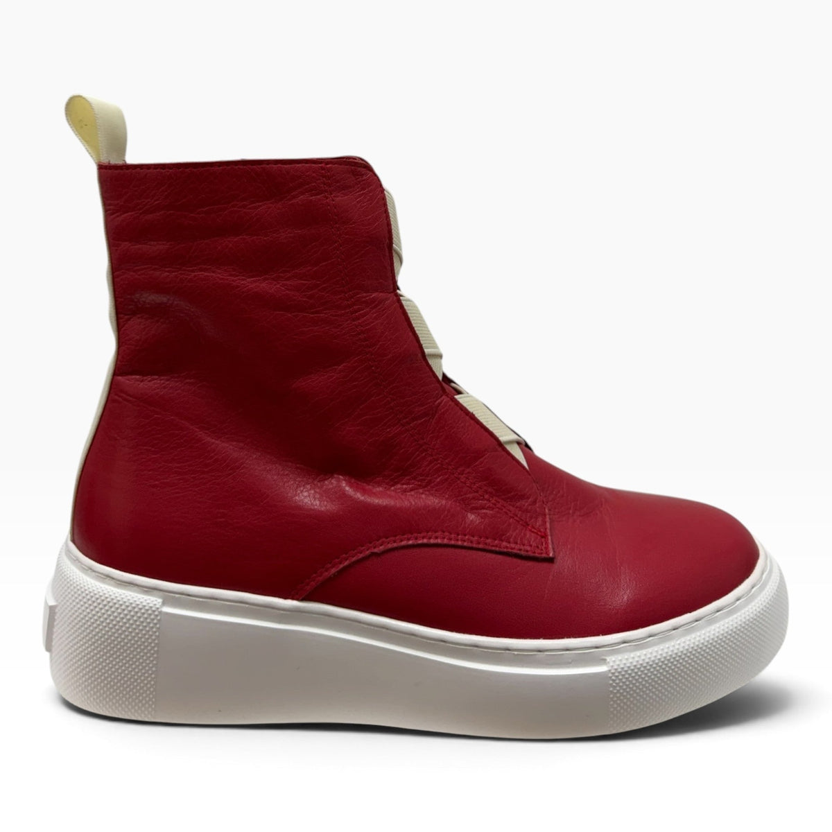The Shoe Shop Robyn red leather ankle boot with a white platform sole and casual slip-on design