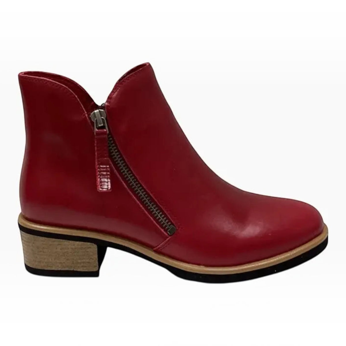 The Shoe Shop Bresley Dolomite red leather ankle boot with twin side zips and a stacked wooden block heel.