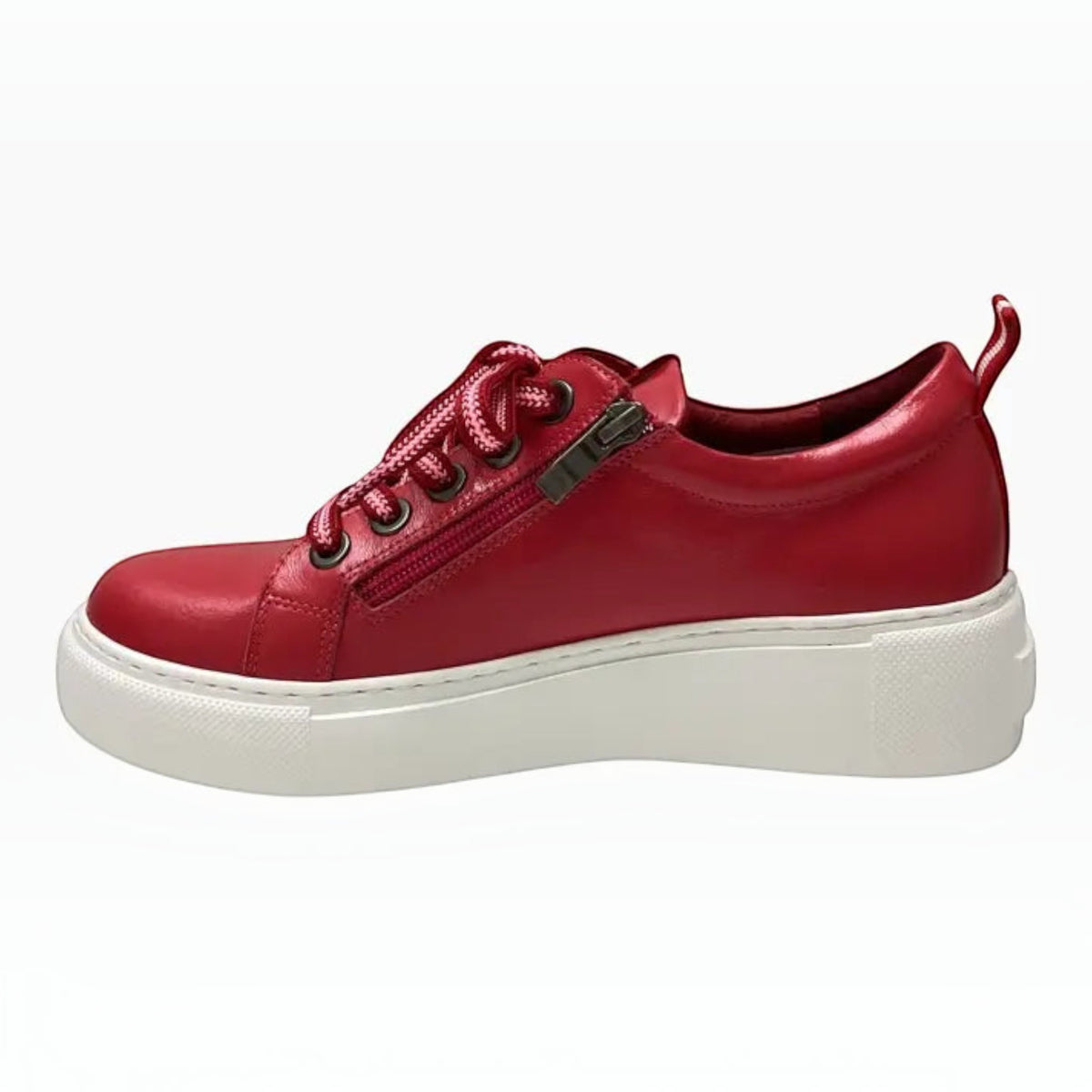 The Shoe Shop Belle Scarpe Romney red leather sneaker with side zip, striped laces, and thick white platform sole.