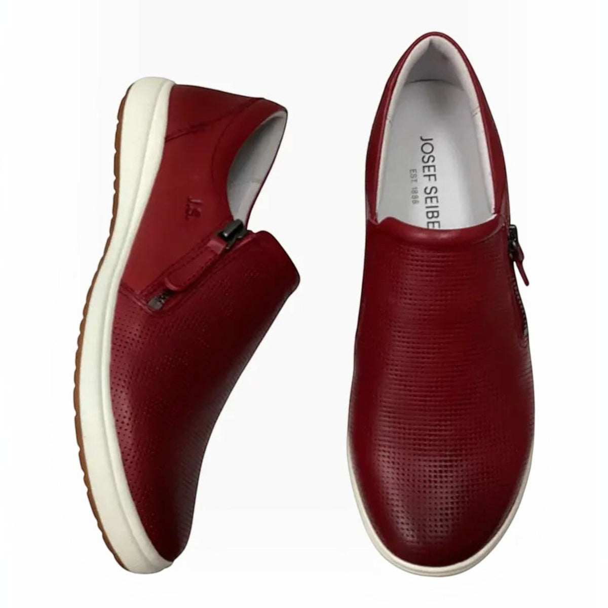 The Shoe Shop Josef Seibel Caren 22 red leather slip-on shoes with side zip and white flexible sole