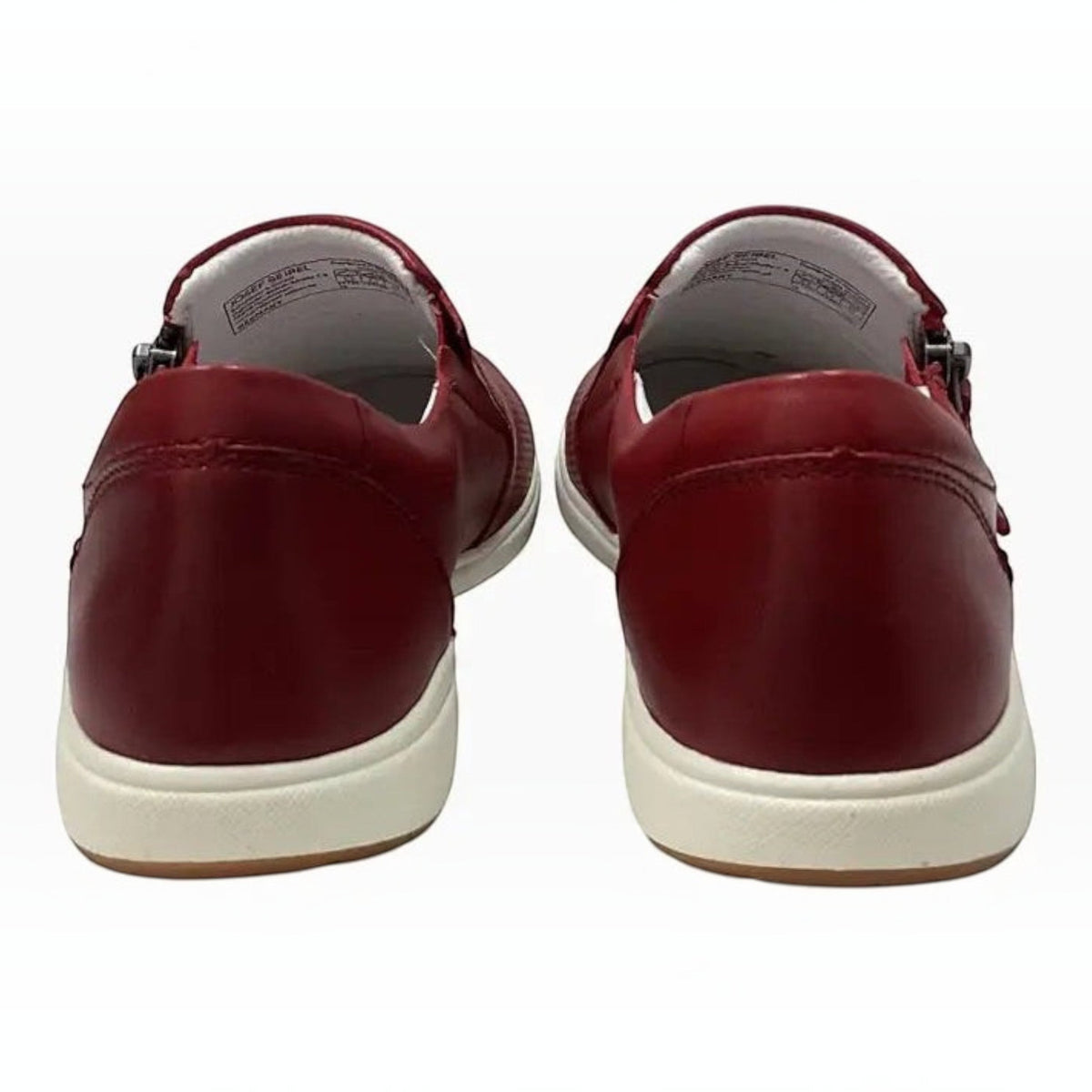 The Shoe Shop Josef Seibel Caren 22 red leather slip-on shoes with side zips and white soles, rear view