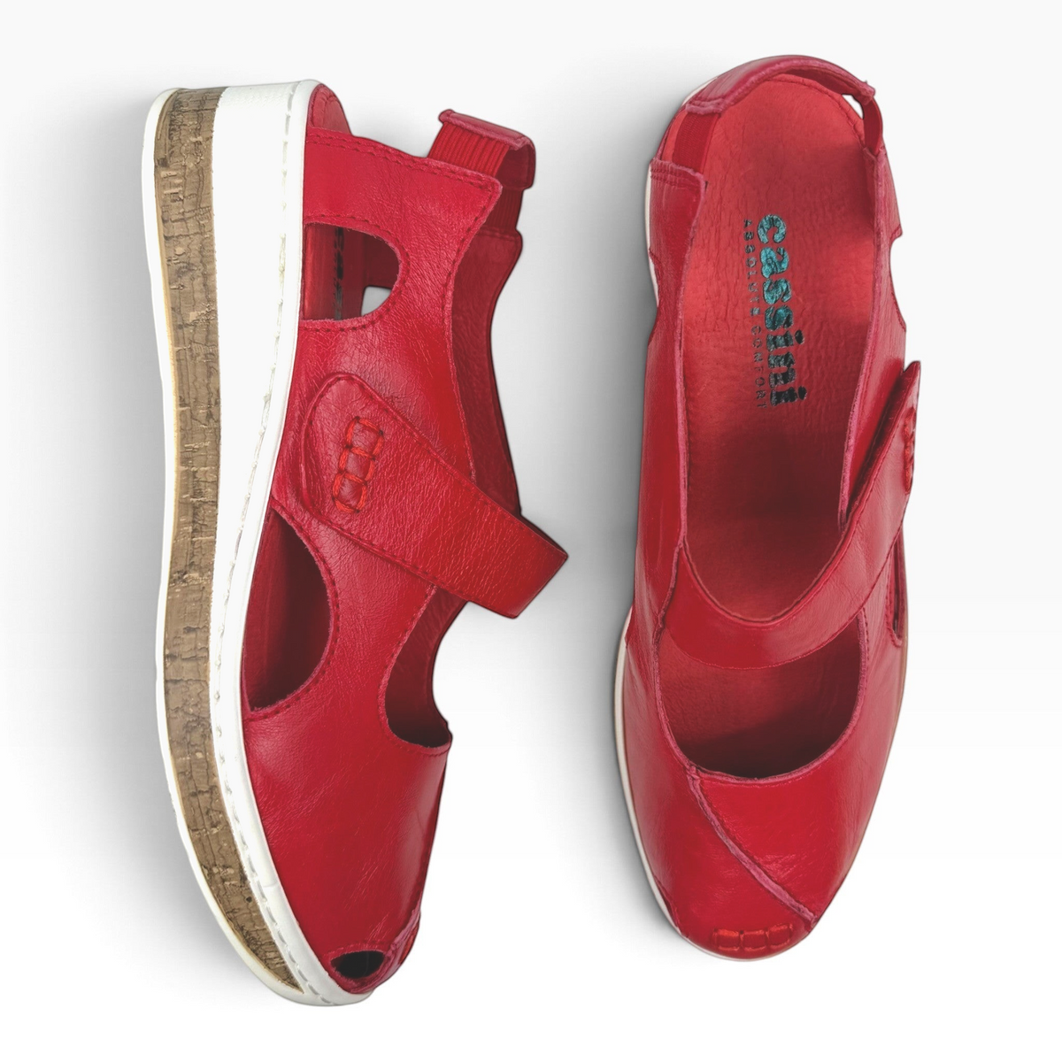 The Shoe Shop Cassini Maizy red leather peep-toe sandals with adjustable strap and cork-effect wedge heel