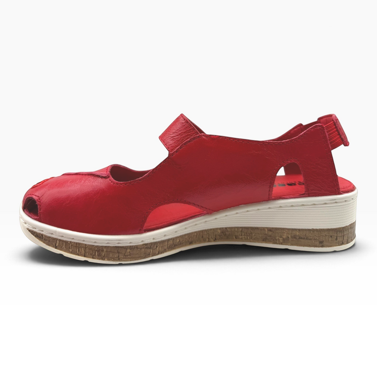 The Shoe Shop Maizy red leather peep-toe sandal with a cushioned cork-effect wedge sole and side cut-outs.