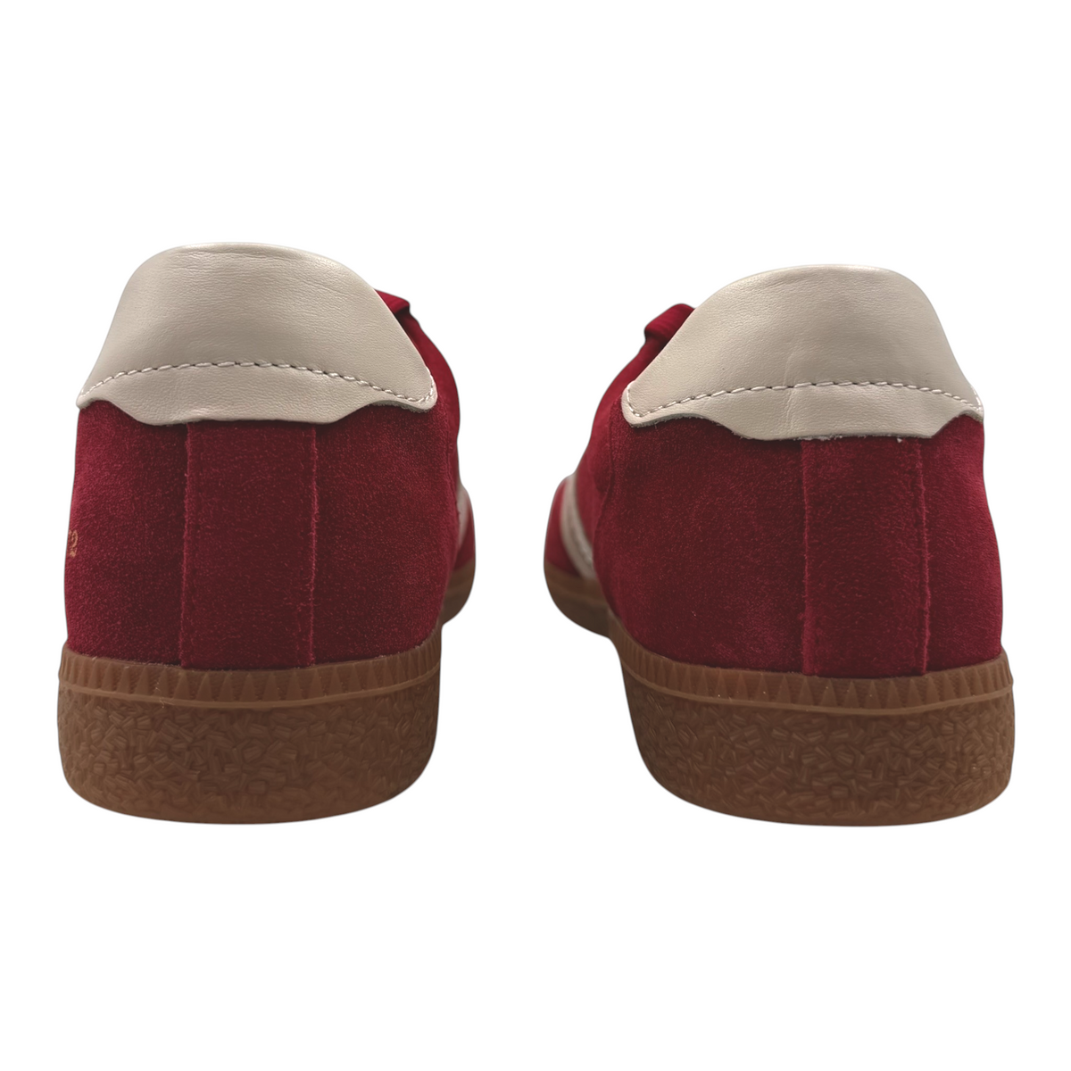 The Shoe Shop Hamptons sneakers in deep red suede with beige leather heel tabs and textured gum rubber soles